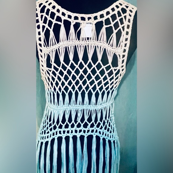 VENUS Macrame Top Size MED Fringe Teal Blue Dipped Top Swimsuit Cover Up - Picture 9 of 14